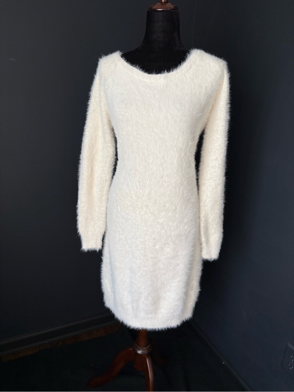 Cozy Cream Fuzzy Long-Sleeve Eyelash Knit Dress